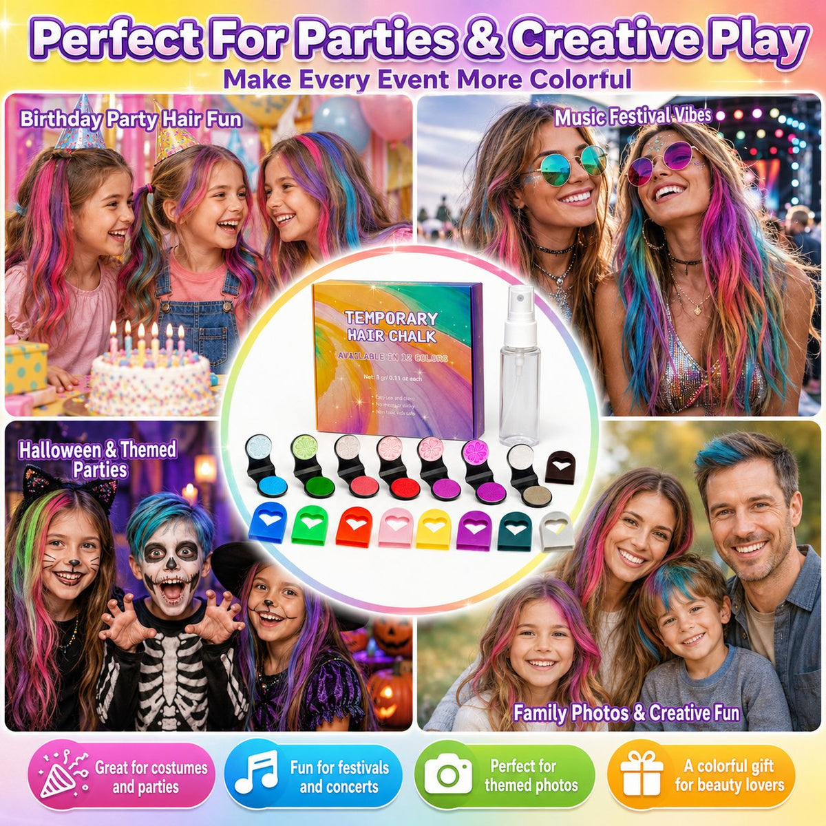 12-Color Hair Chalk Kit – Temporary Color Without Bleach
